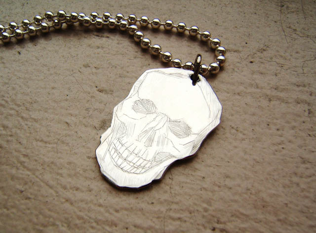 Etched Skull Pendant, Fine Silver, 2008