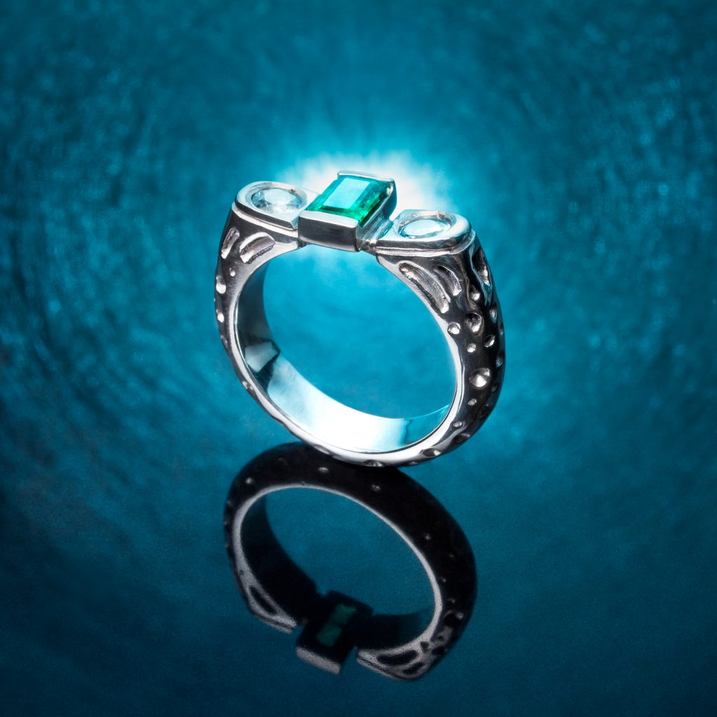 14K Gold engagement ring with emerald and aquamarines, 2017