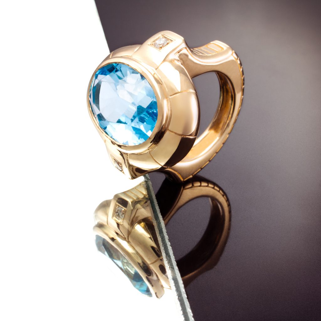 14K Gold ring with Heirloom Topaz and Diamonds, 2017