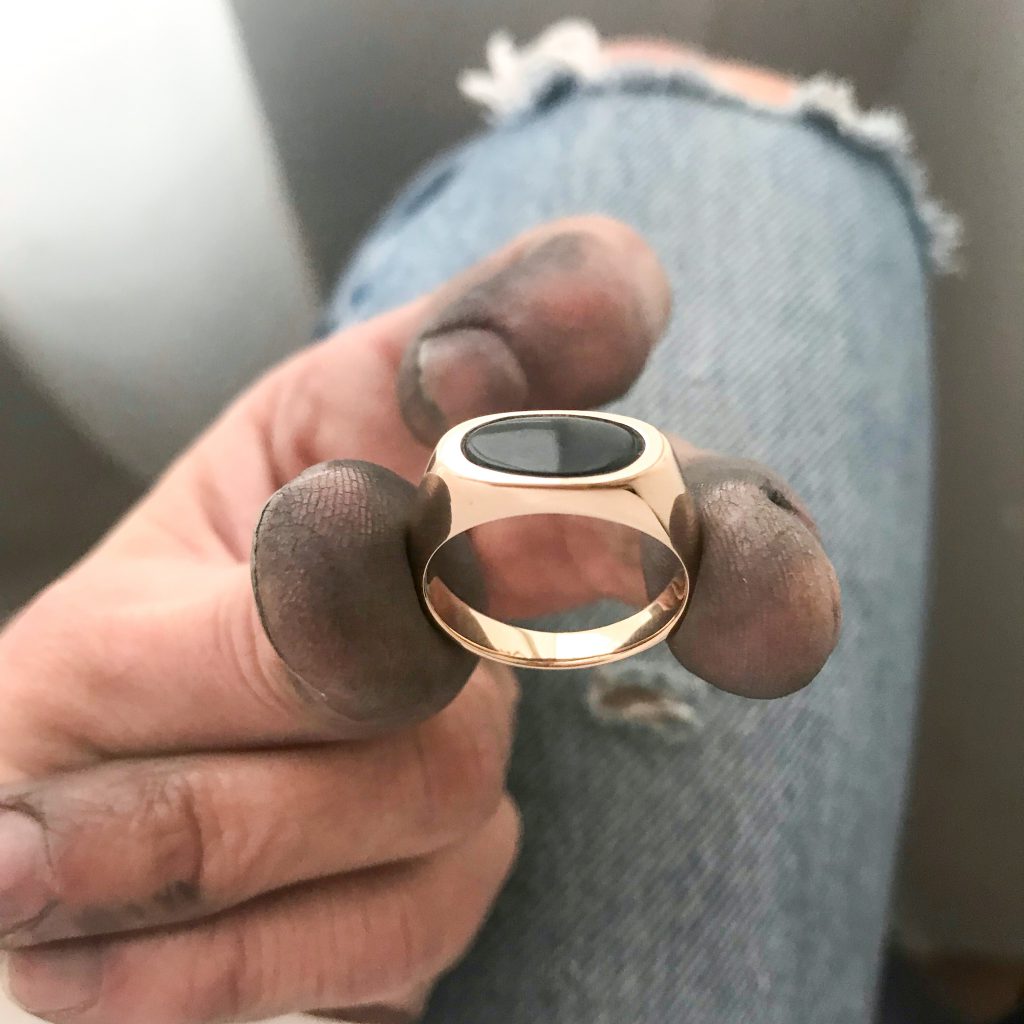 Custom 14K gold ring with onyx inlay, 2018