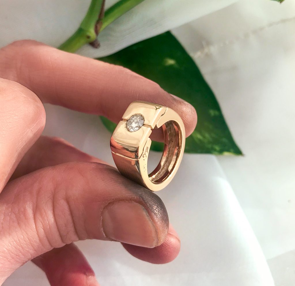 Custom 14K gold diamond solitaire ring, 2019