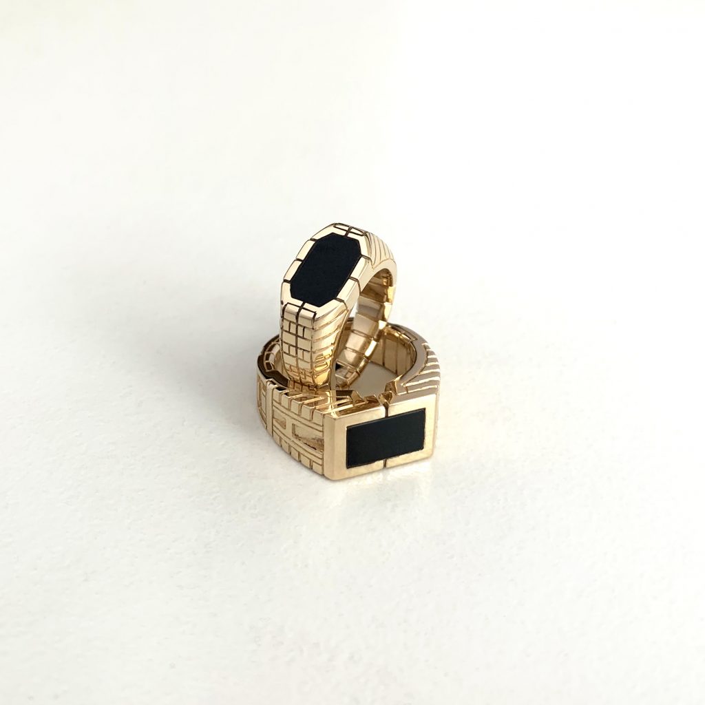 14K yellow gold signet rings with onyx, 2021
