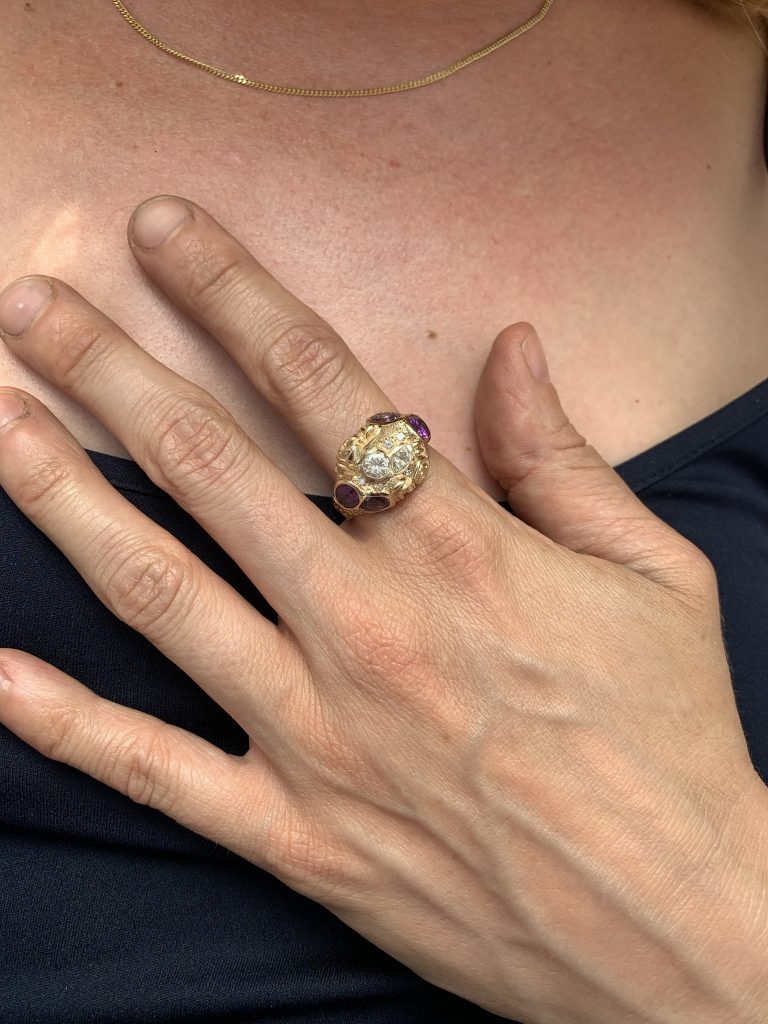 14K yellow gold ring with amethysts and diamonds, 2021