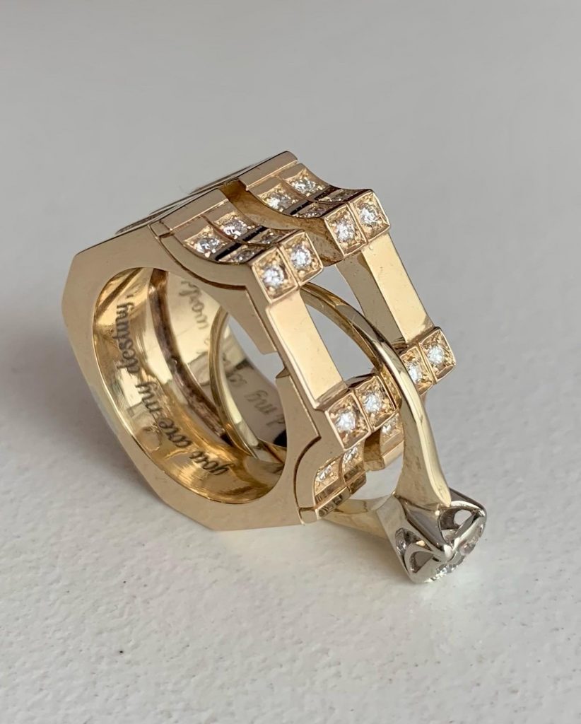 14K yellow gold ring sleeve with diamonds, platinum inlay and 14K yellow gold antique diamond solitaire, 2021